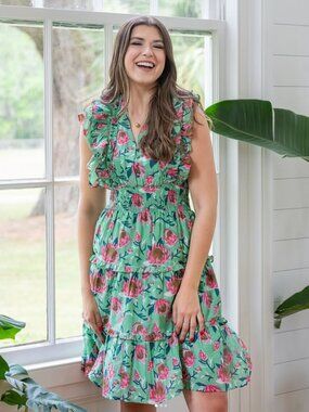 Clover by Kelly Caron | Green & Pink Floral Cotton/Silk Blend Dress